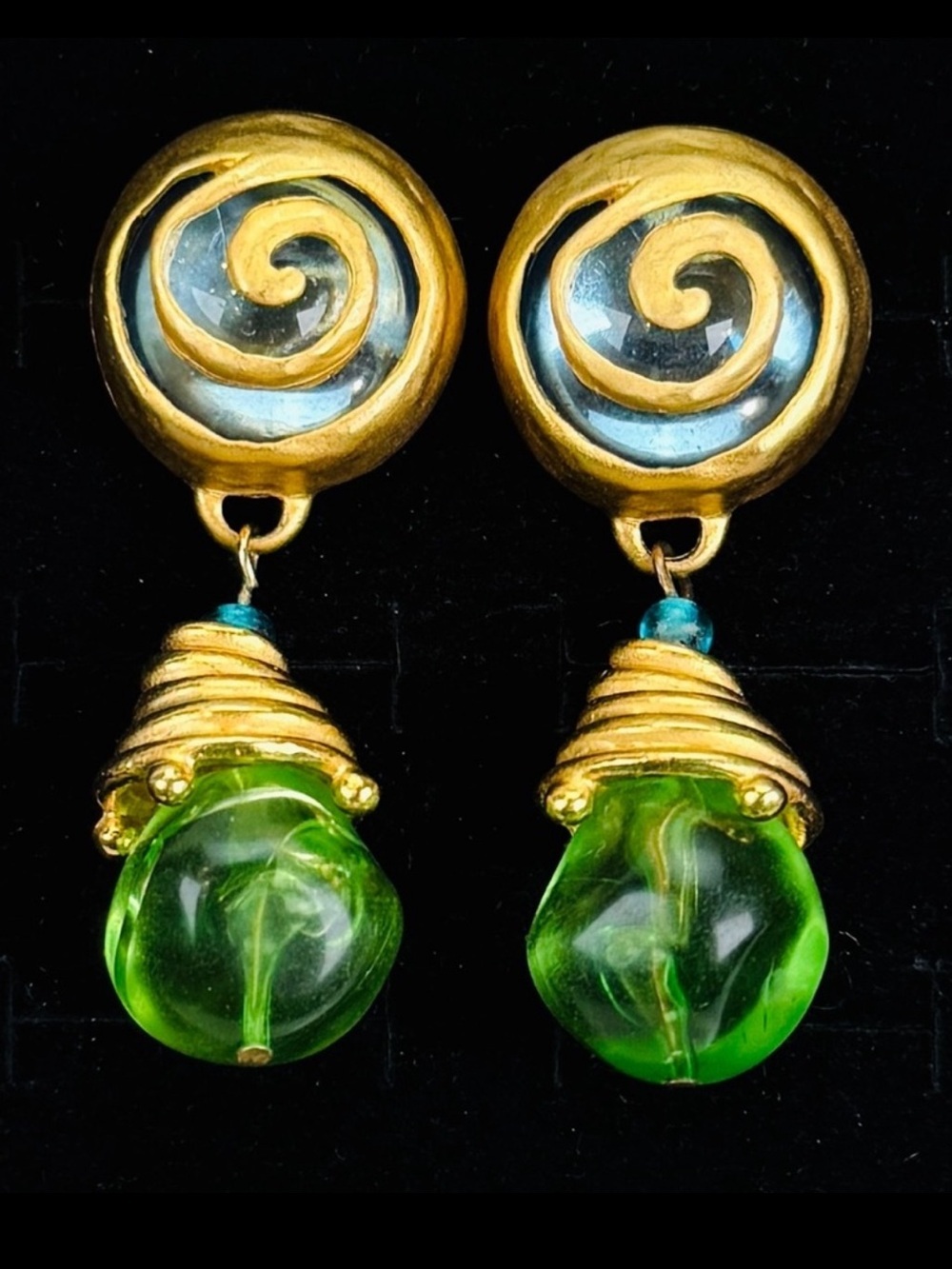 Vintage, weighted, brushed goldtone, green pierced earrings